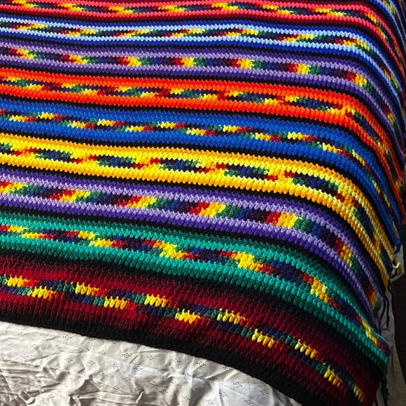 VTG Handmade Crochet Rainbow Striped Blanket Vibrant Multicolor 70x100in - Picture 10 of 16